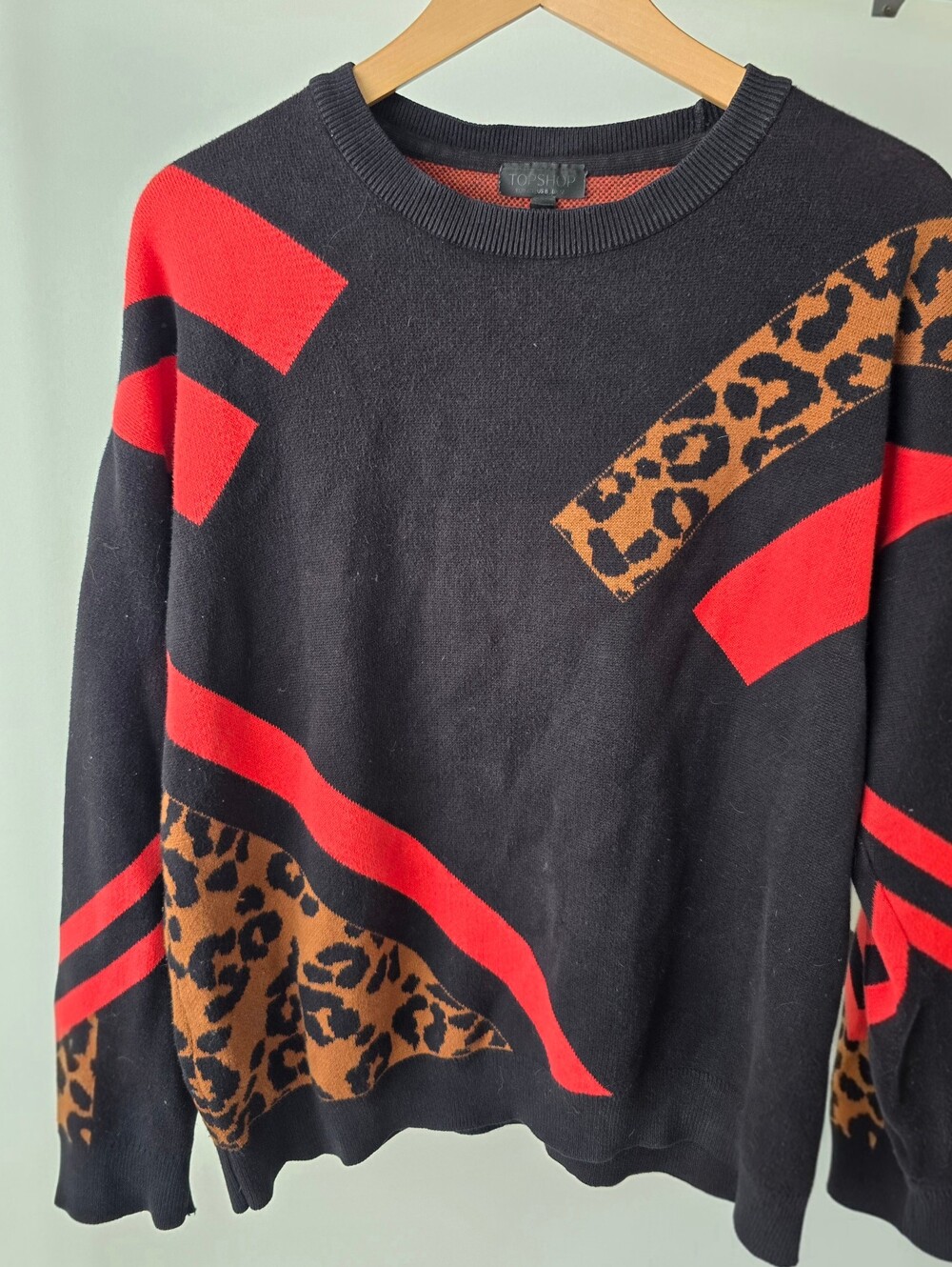 Topshop Black Sweater with Red and Brown Leopard Accent